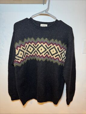 J. Crew vintage Black Fair Isle Wool Hand Knit Crewneck Sweater size M